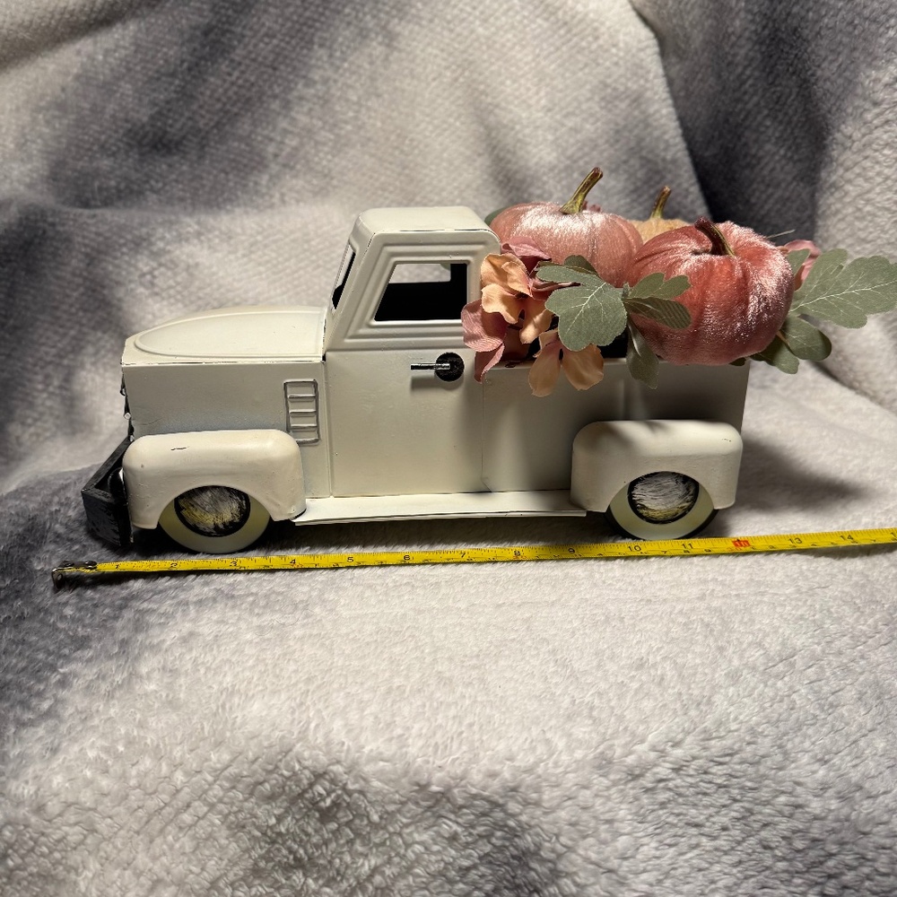 Vintage Retro Style Metal Holiday Pick Up Truck Ivory Fall Pink Pumpkins